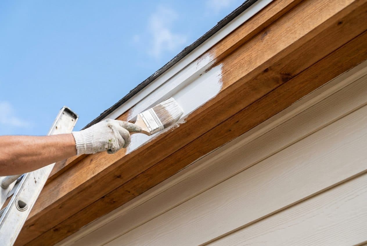 A brush applying paint to exterior window trim on a house