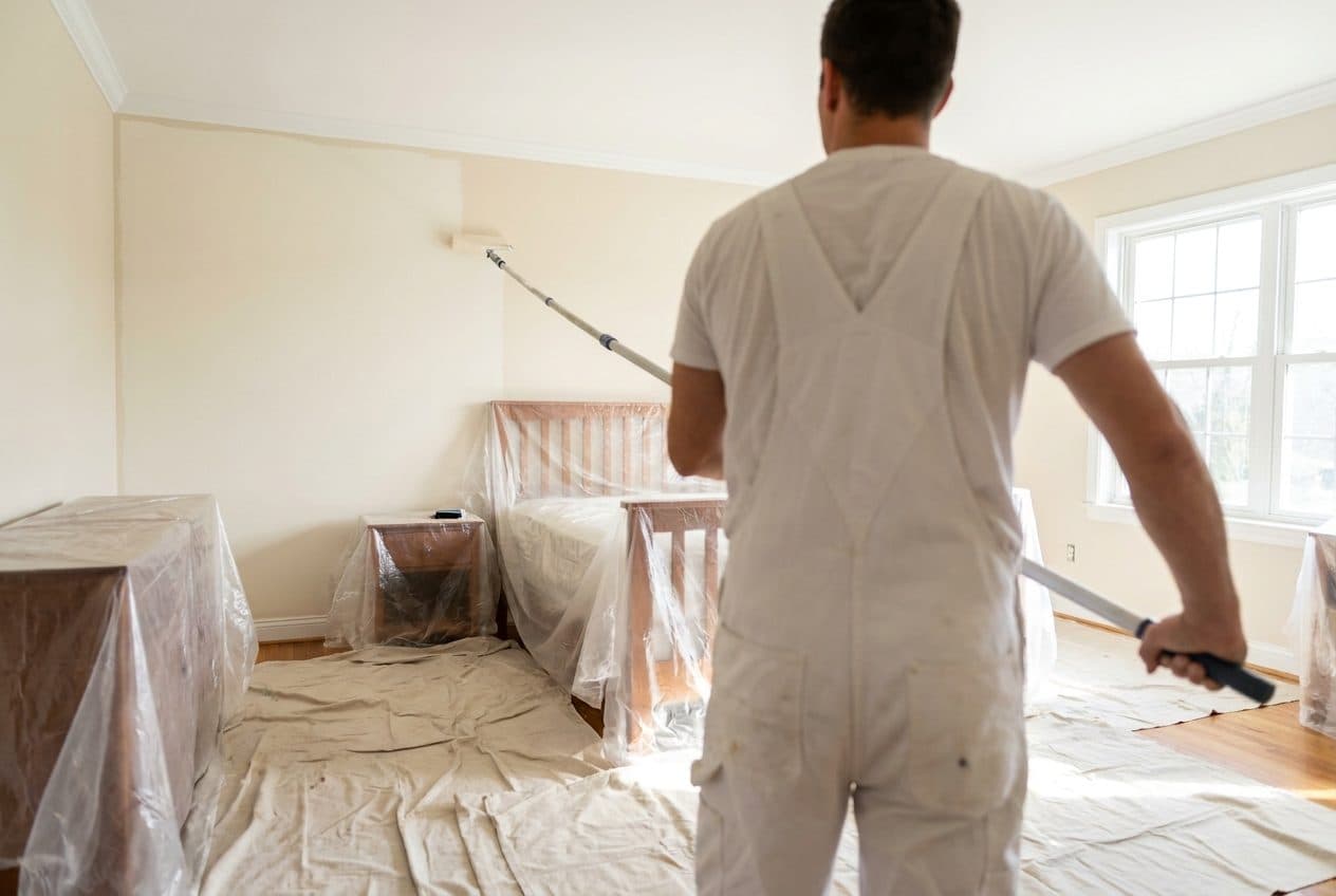 A paint roller applying a fresh coat to an interior wall