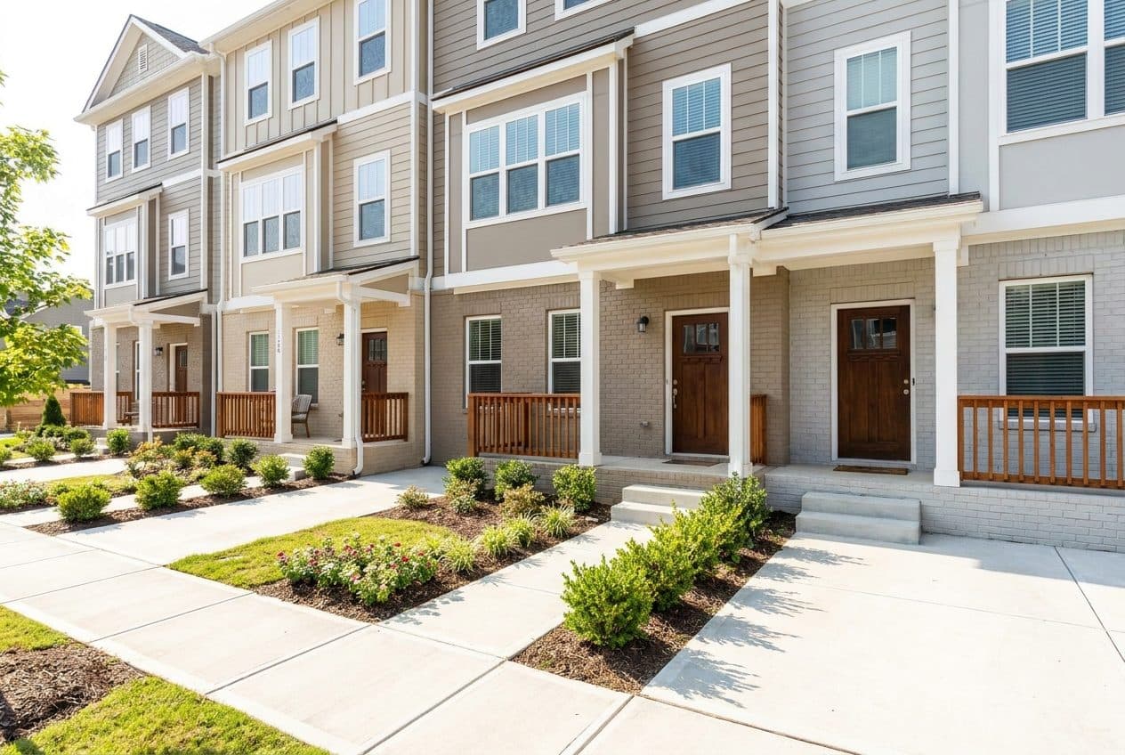 Row of townhomes with freshly painted coordinated exteriors
