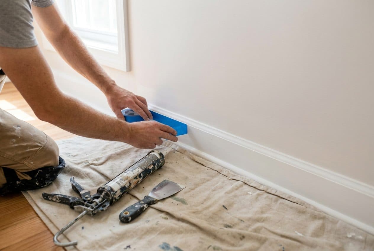 Hands pressing painter's tape along a baseboard before interior painting