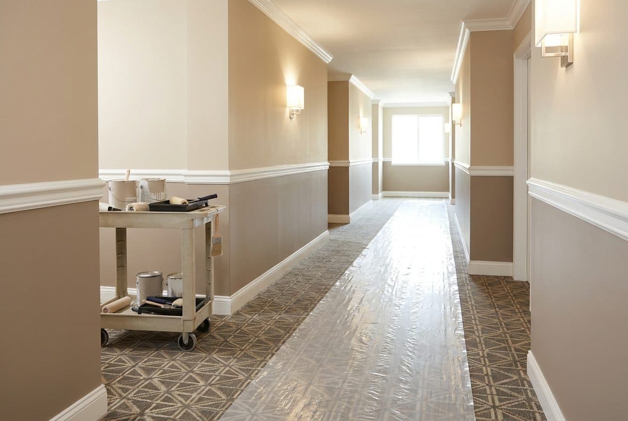 Freshly painted hotel corridor with protected carpet and painter's cart