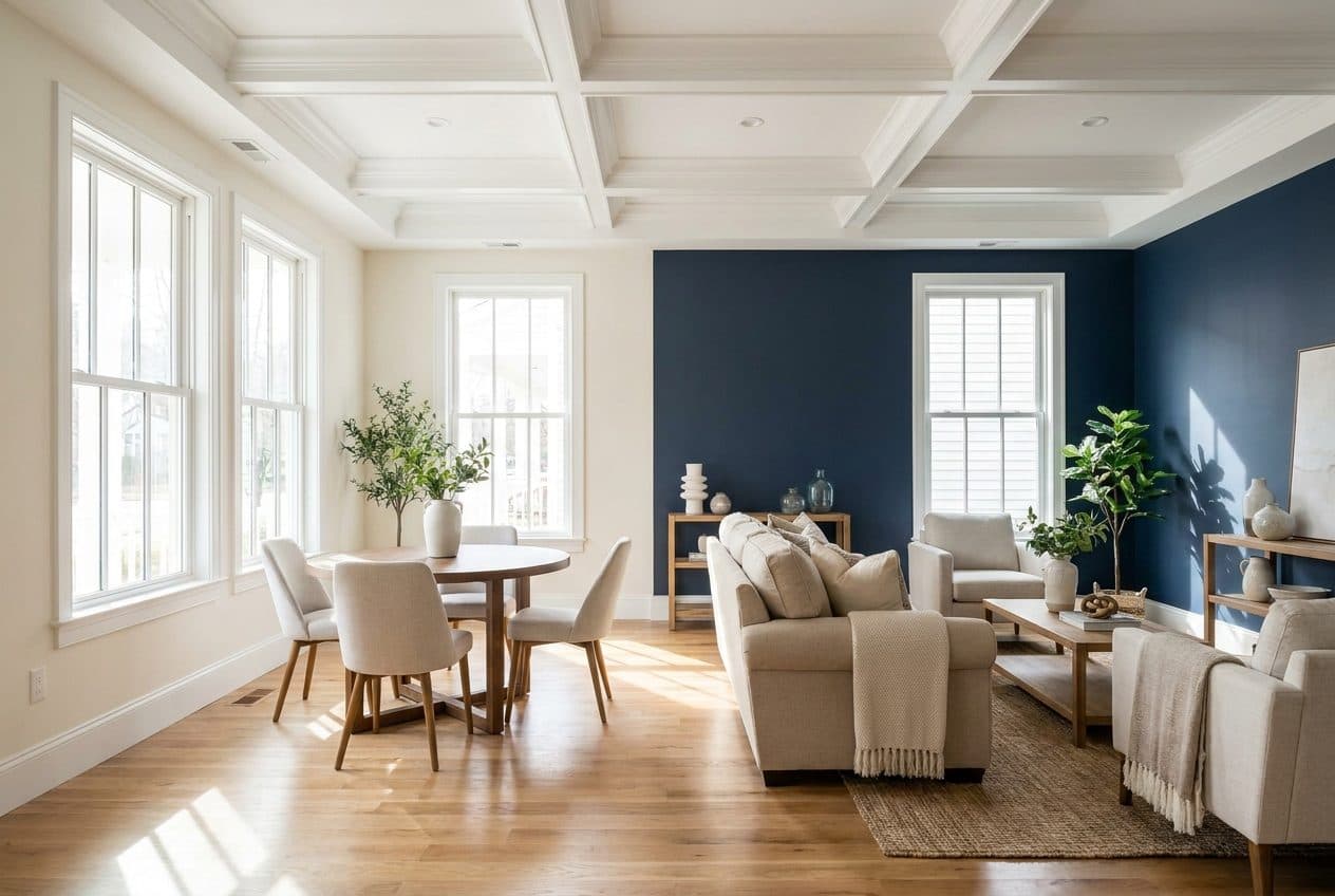 Finished living and dining room with warm-white walls and a navy accent wall