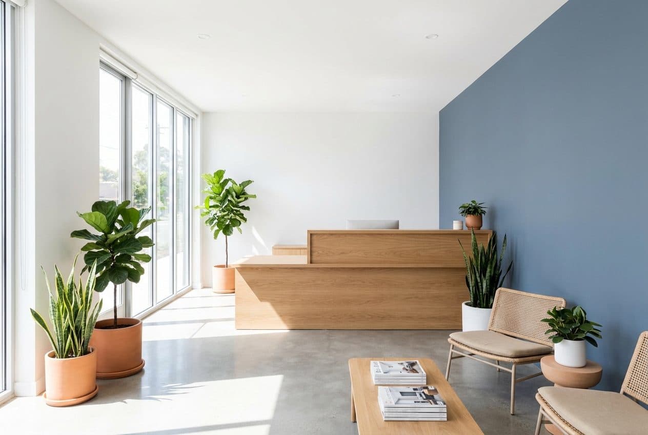 Finished office reception area with white walls and a slate-blue feature wall