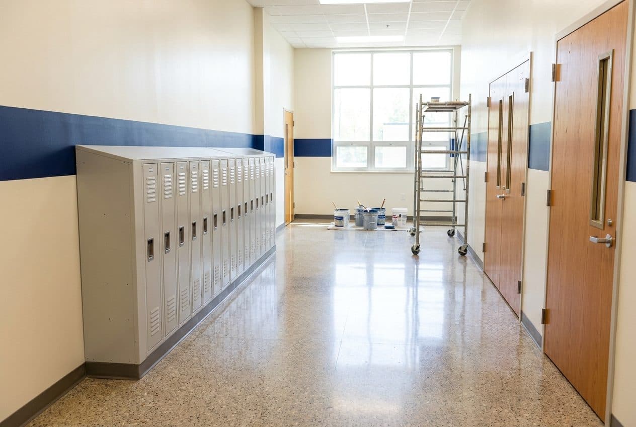 Freshly painted school hallway with lockers during summer break