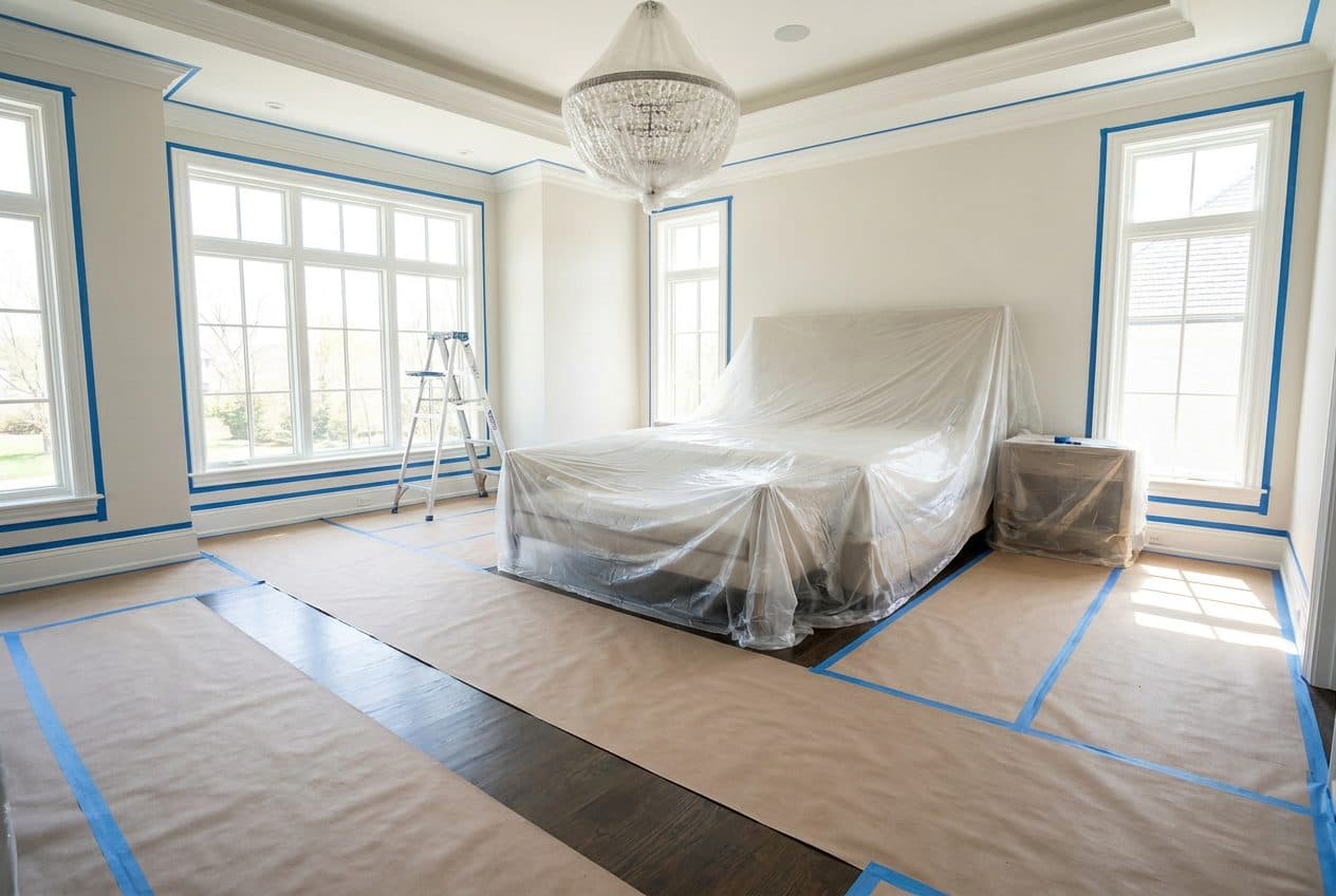 Bedroom prepped for painting: floors papered, furniture covered, trim neatly taped