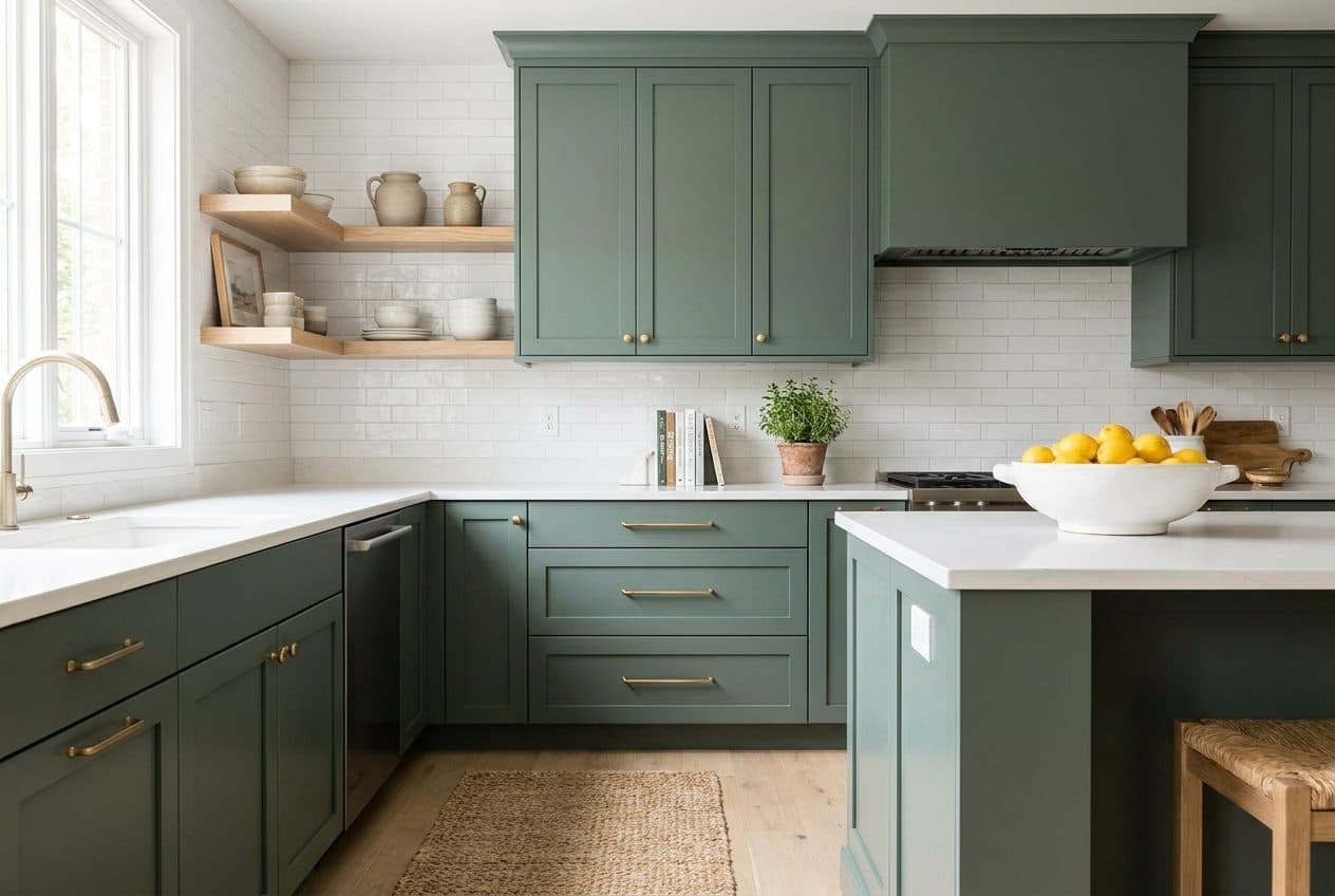 Finished kitchen with sage green refinished cabinets and brass hardware