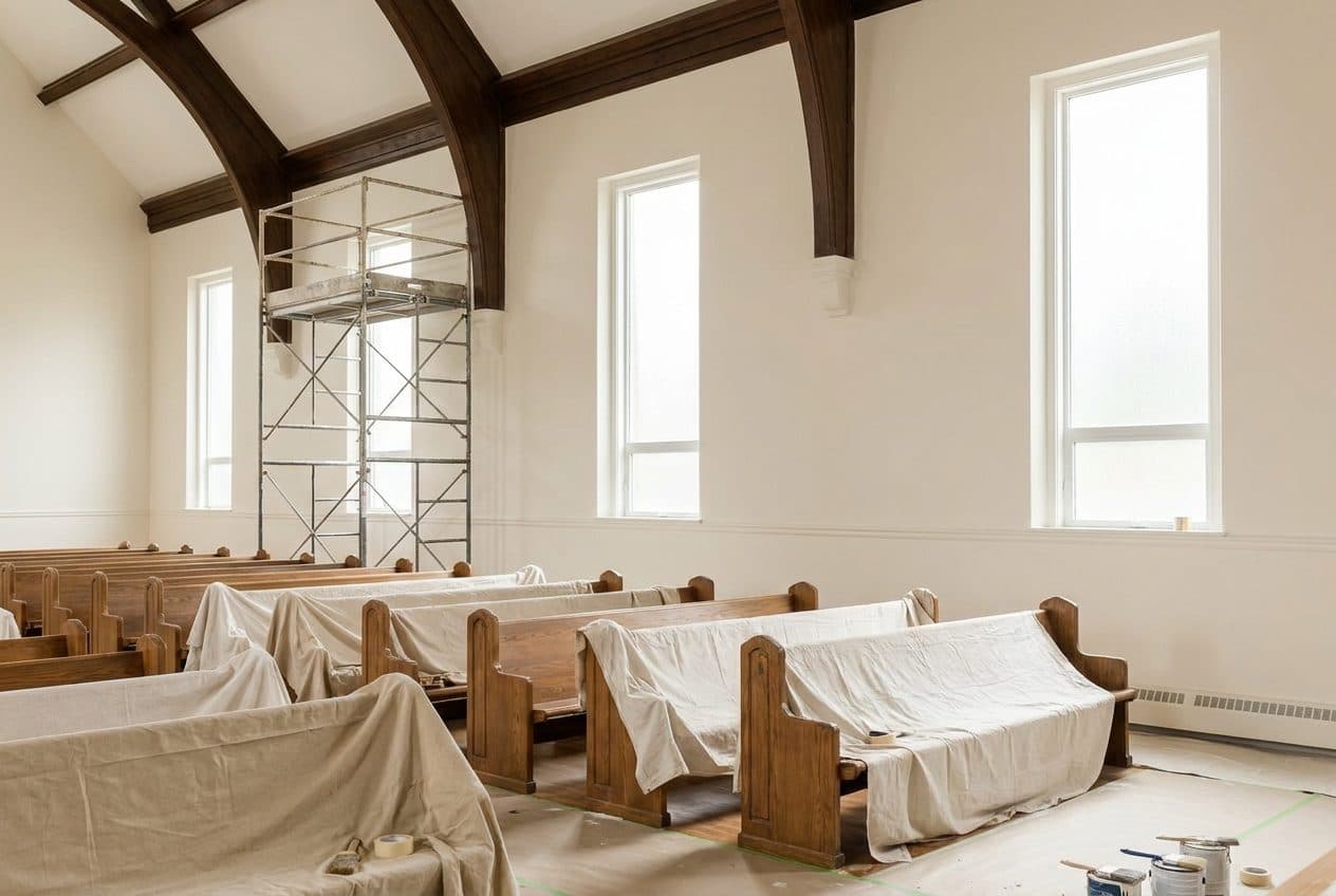 Church sanctuary being repainted with pews covered and scaffold in place