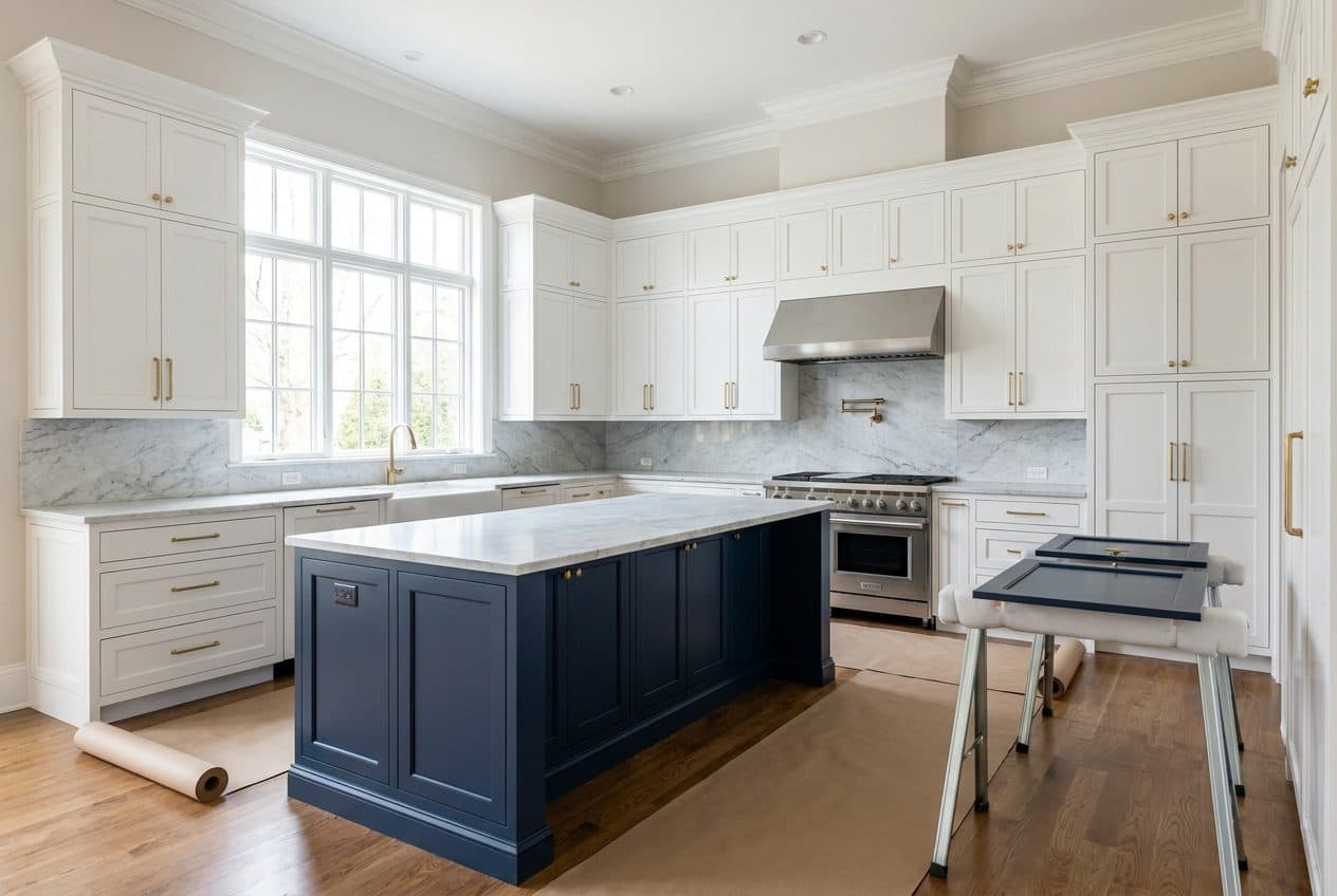 Cabinet refinishing in DFW Metroplex — refinished white cabinets and a navy island