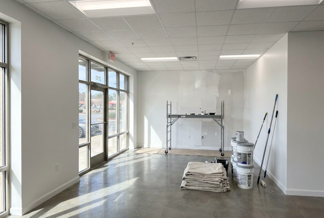Commercial painting in DFW Metroplex — a bright office suite mid-repaint with scaffold and paint staged