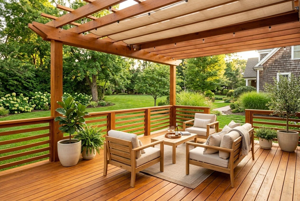 Finished cedar-toned stained deck with pergola and outdoor seating