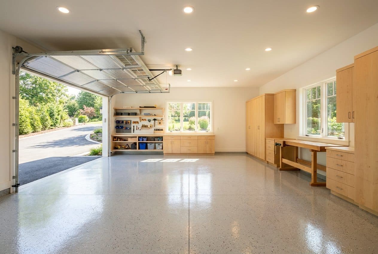 Finished garage with a glossy light-gray flake epoxy floor
