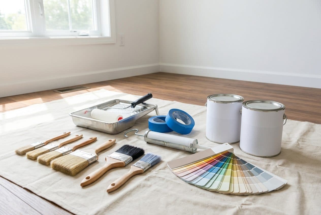 Paint brushes, a roller and a tray laid out on a canvas drop cloth