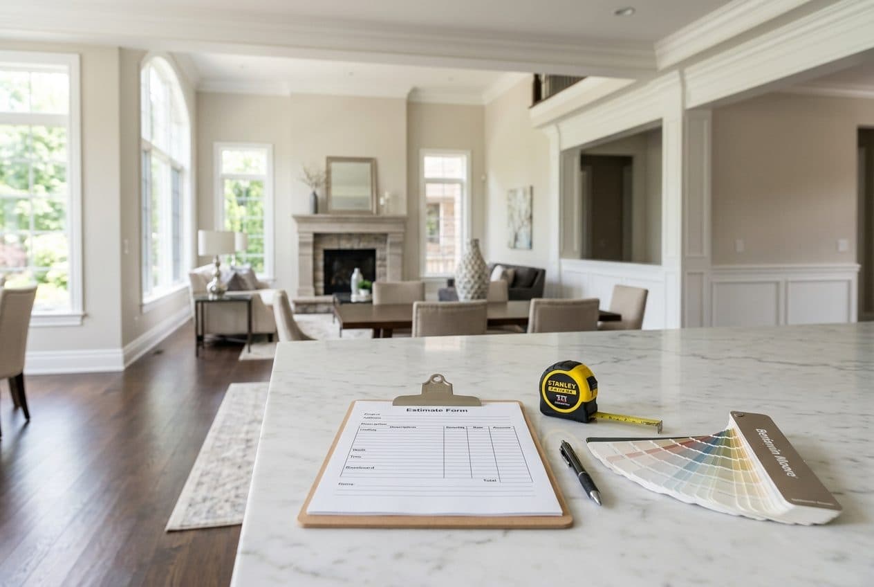 Estimate form on a clipboard with a tape measure and paint color fan deck on a kitchen island