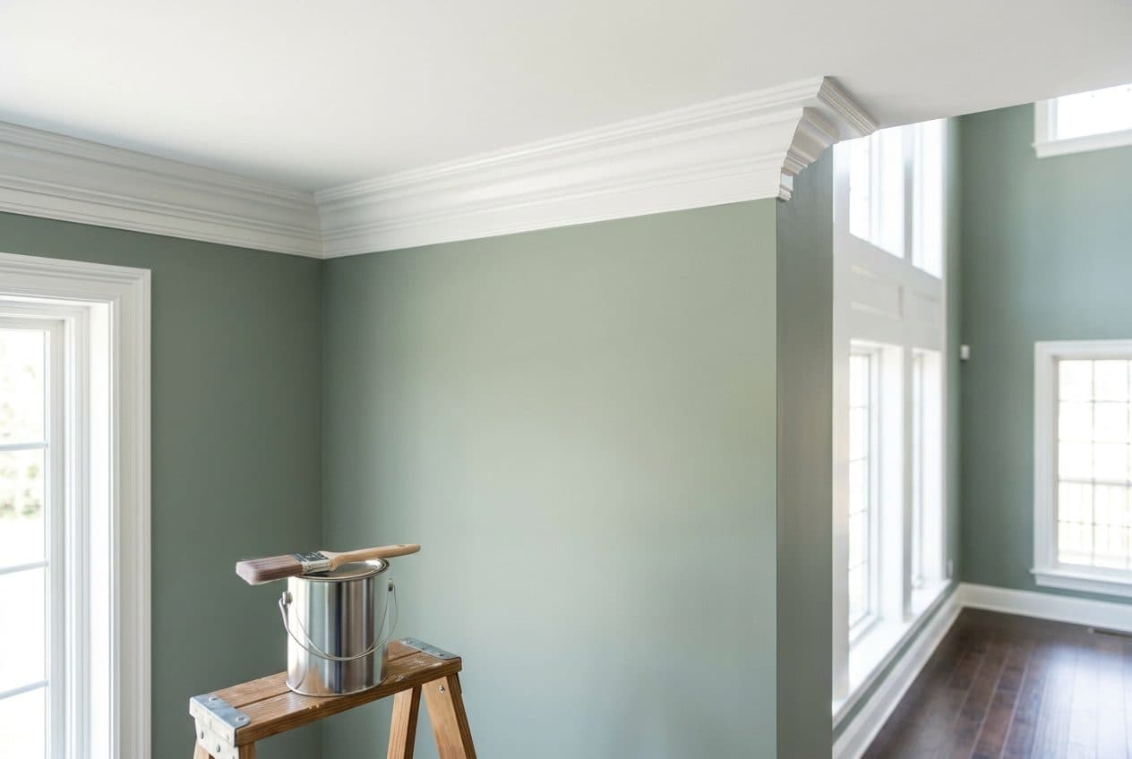 Crisp paint line where a sage-green wall meets white crown molding