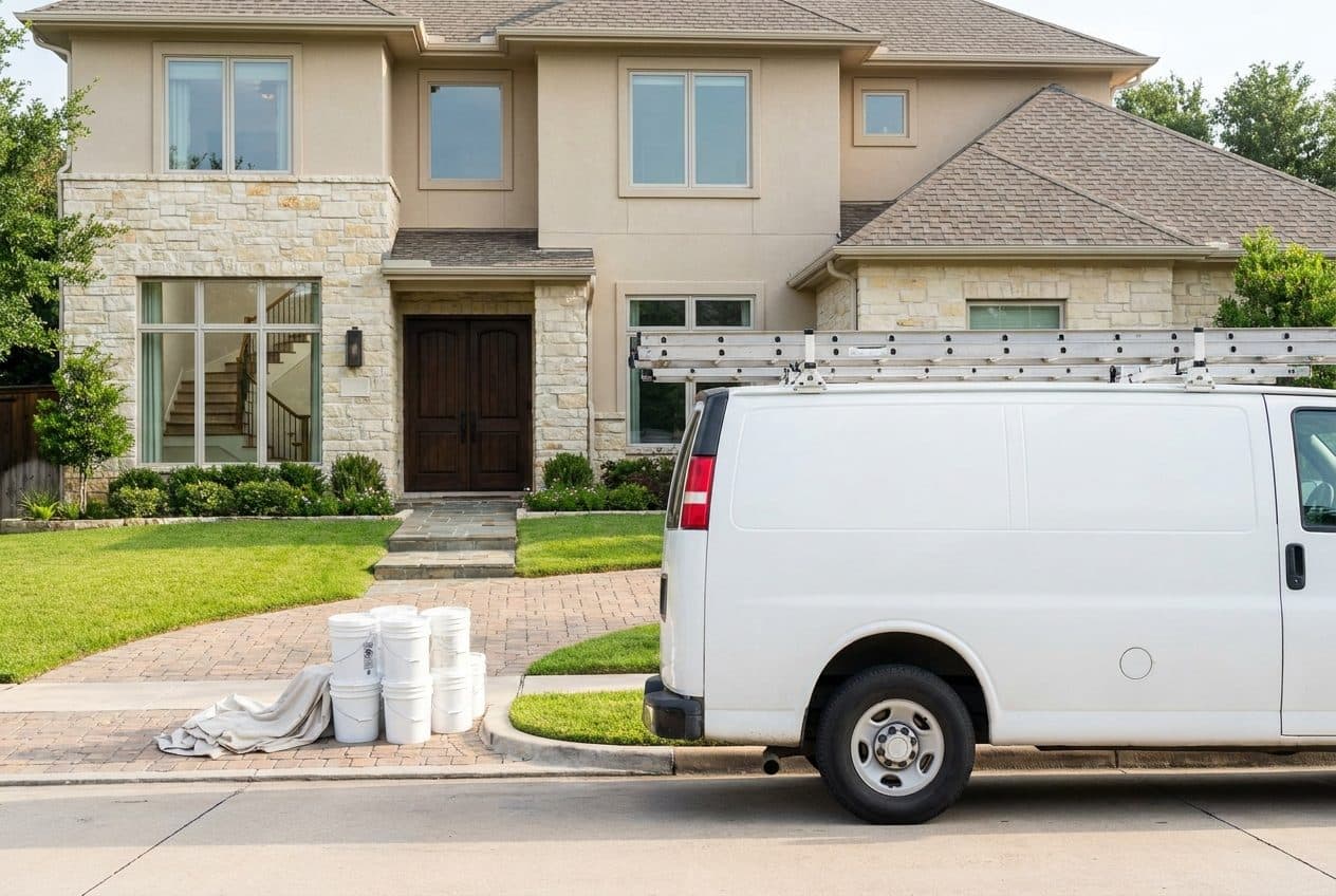 Work van parked at a home with ladders on the rack and paint staged in the driveway