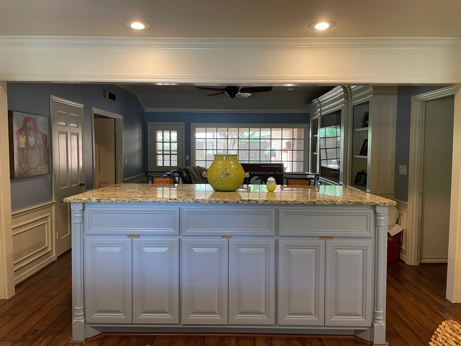 Great room with blue-gray island